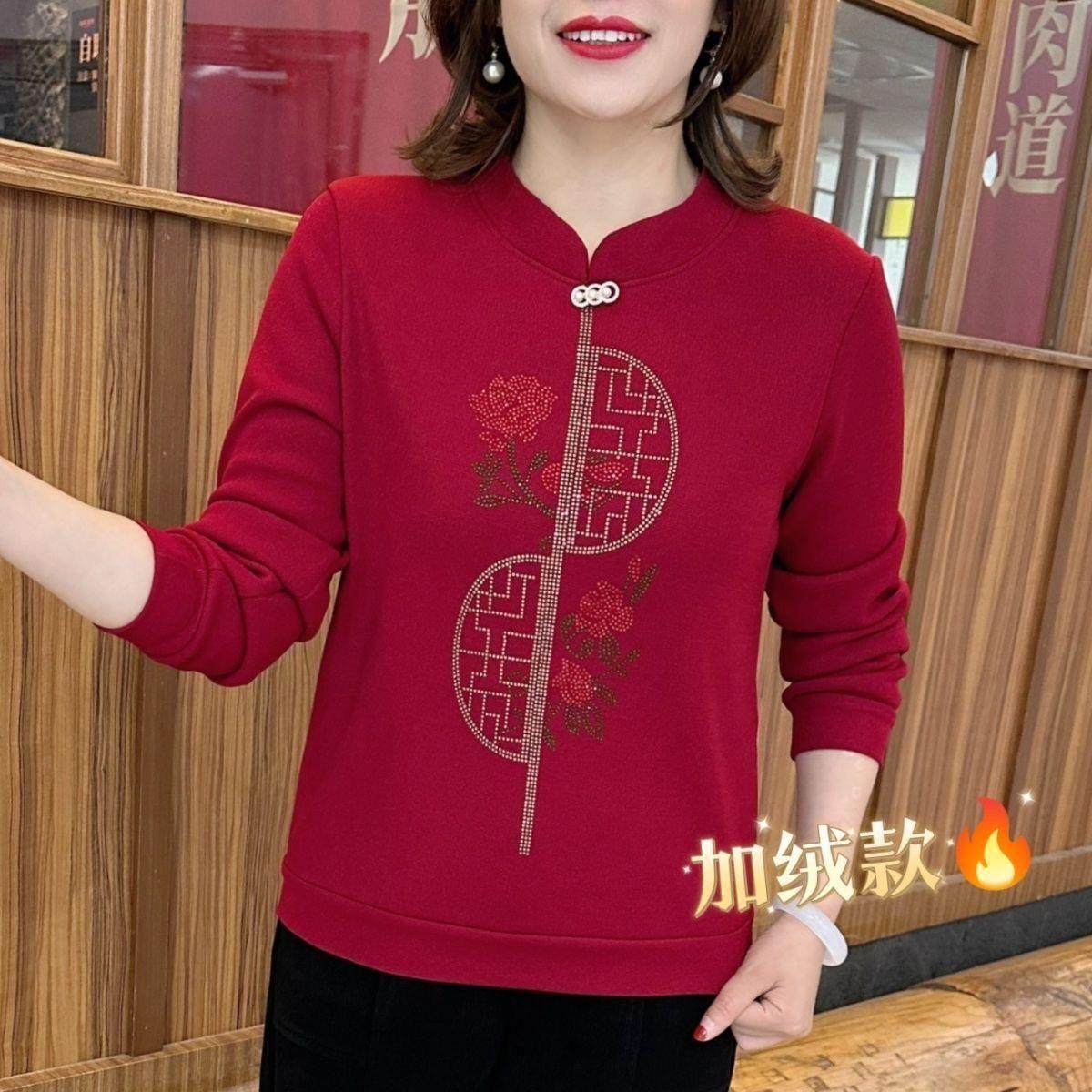 中老年妈妈秋冬季复古加绒加厚打底衫女装新款中国风保暖卫衣上衣