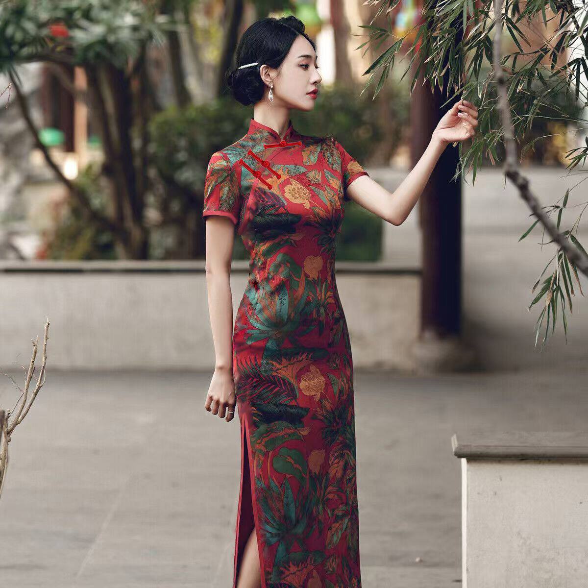 新款夏季中长款改良旗袍女复古气质中国风年轻妈妈旗袍短袖连衣裙