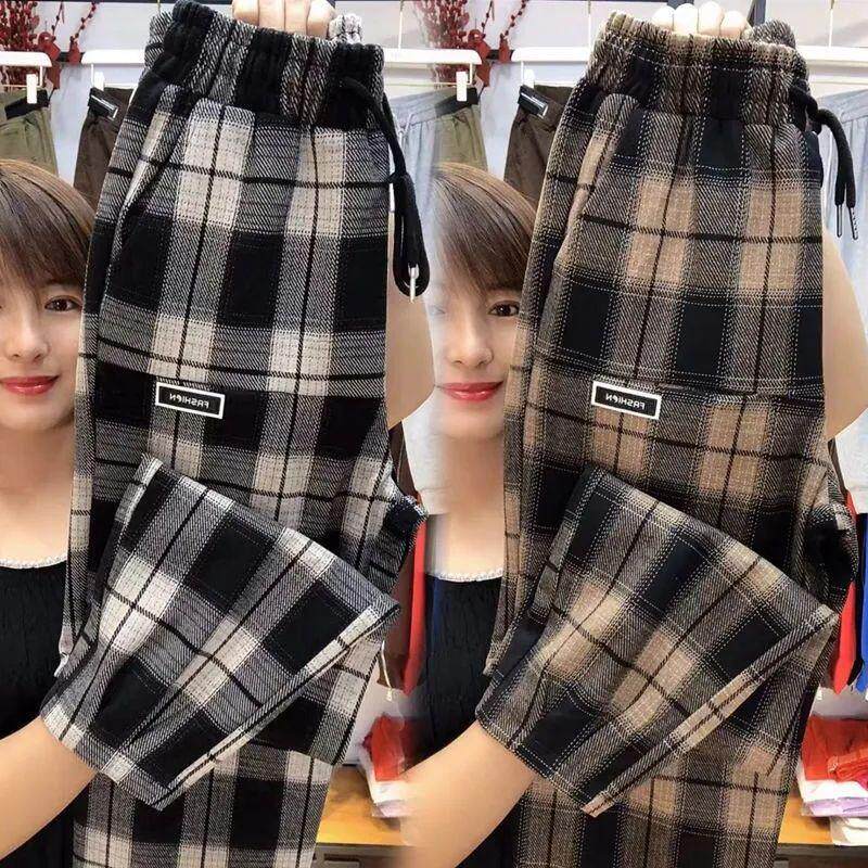 新款哈伦裤女高腰长裤秋冬加绒加厚休闲直筒裤时尚格子裤宽松裤子