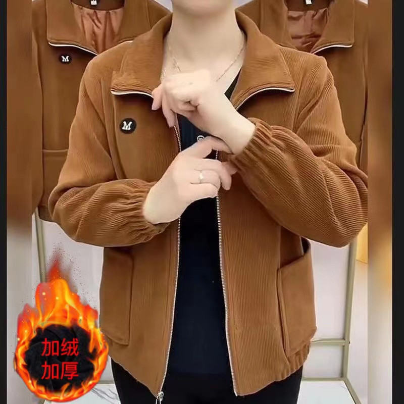 妈妈装灯芯绒外套女新款秋冬加绒加厚大码宽松中老年休闲夹克上衣