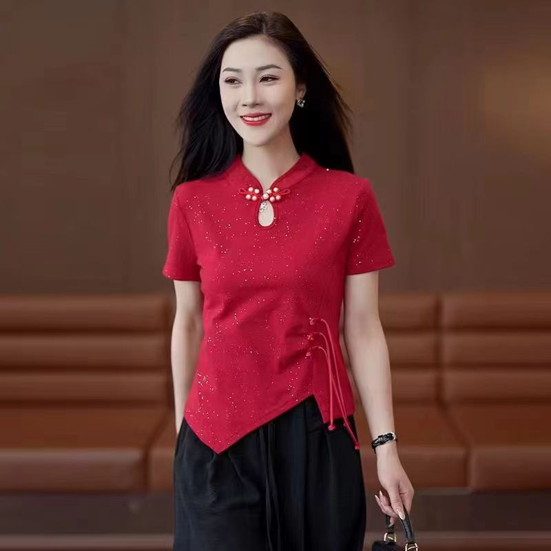 新中式短袖t恤女时尚夏装不规则亮片上衣小个子国风盘扣修身体恤