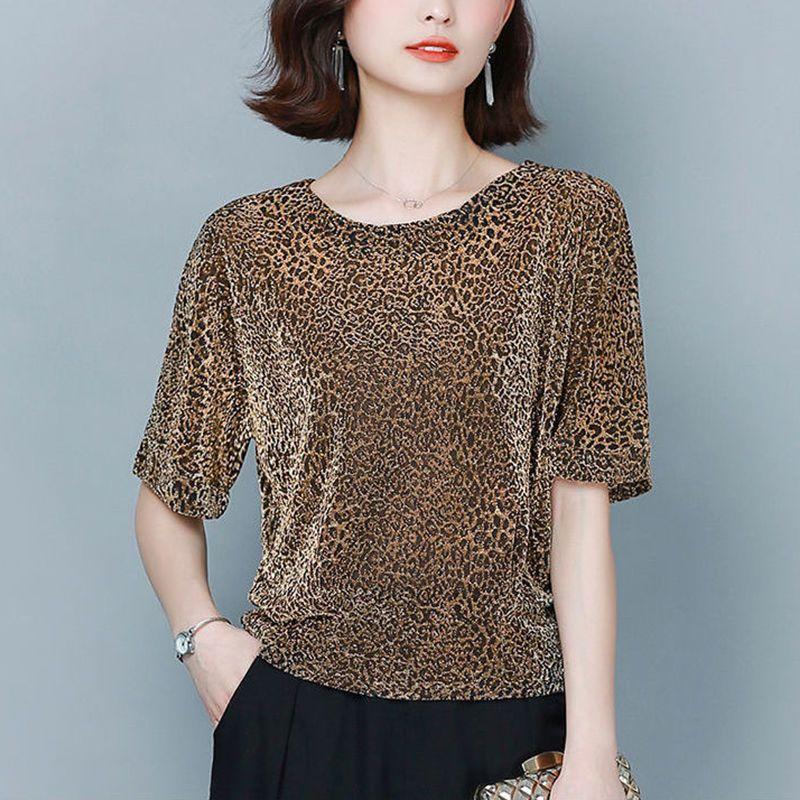 中年妈妈装上衣新款夏季短袖T恤女大码时尚亮丝洋气新款豹纹小衫