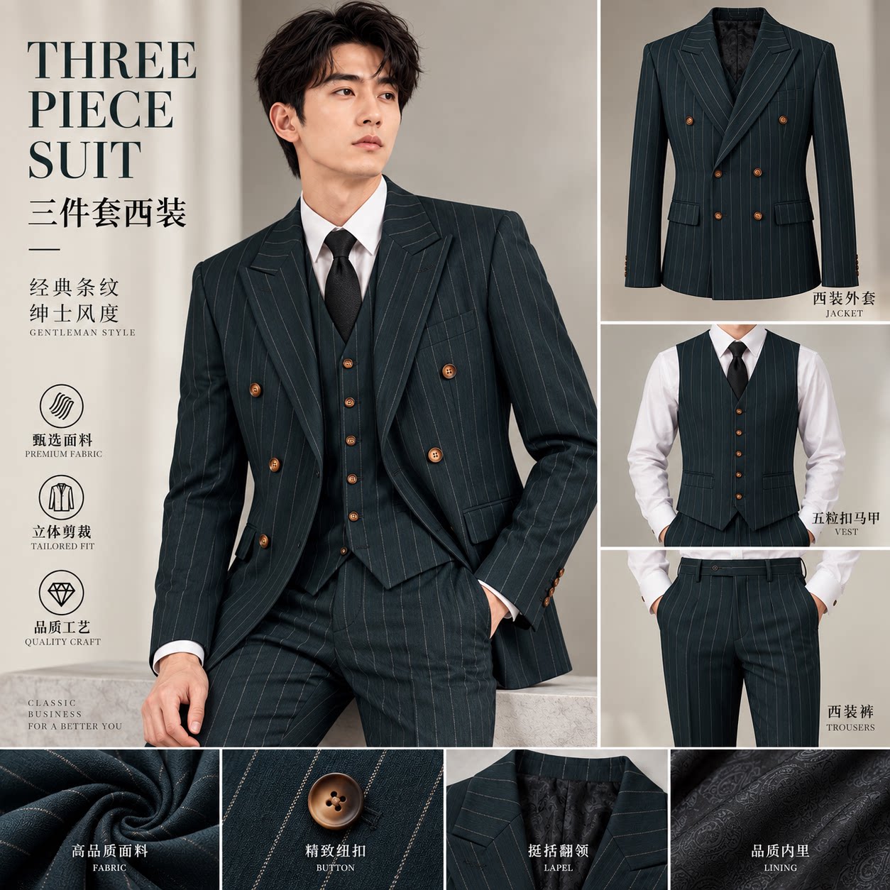 英伦条纹戗驳领新郎西服三件套