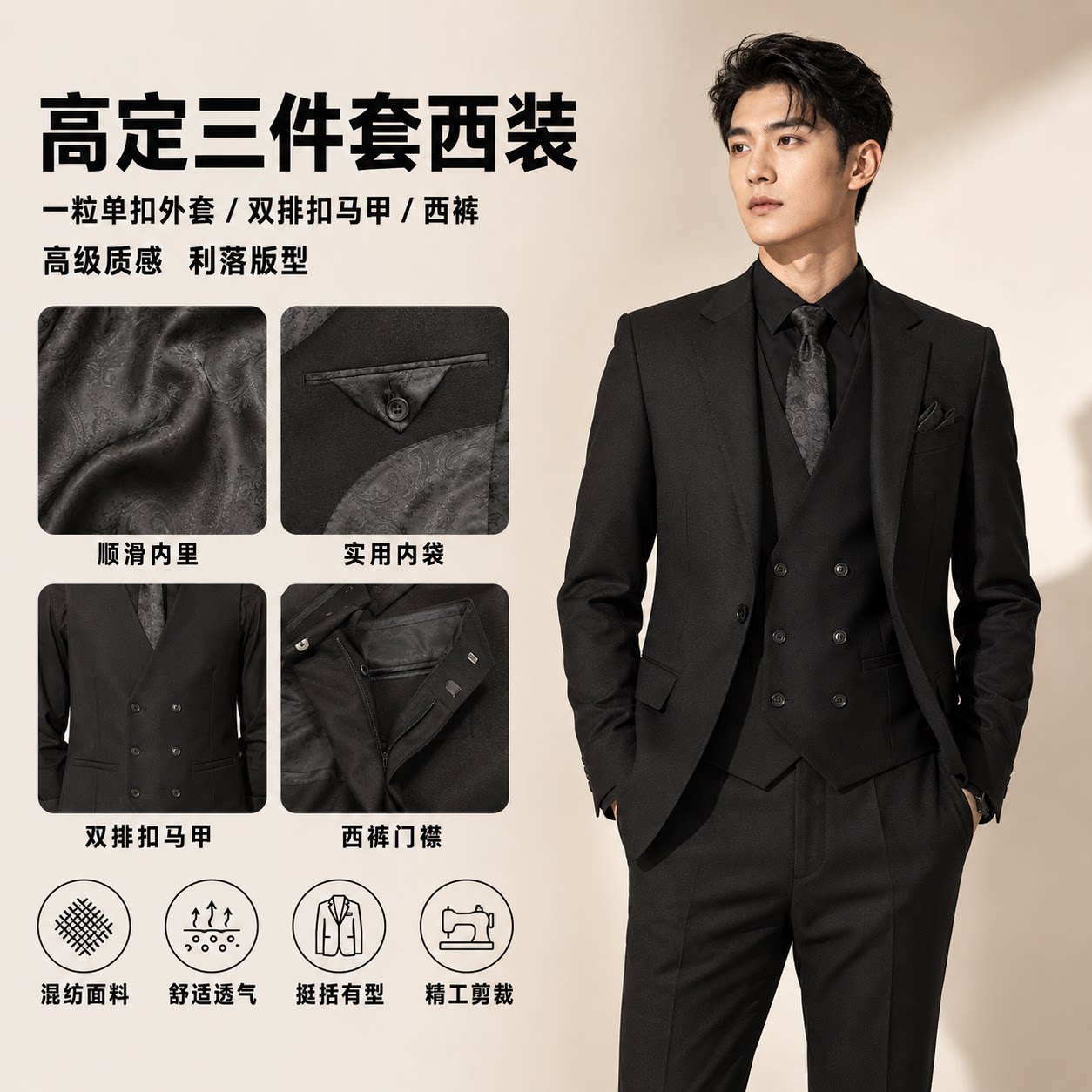 黑色男士西装三件套一粒扣修身西服主持婚礼年会演出宴会礼服套装