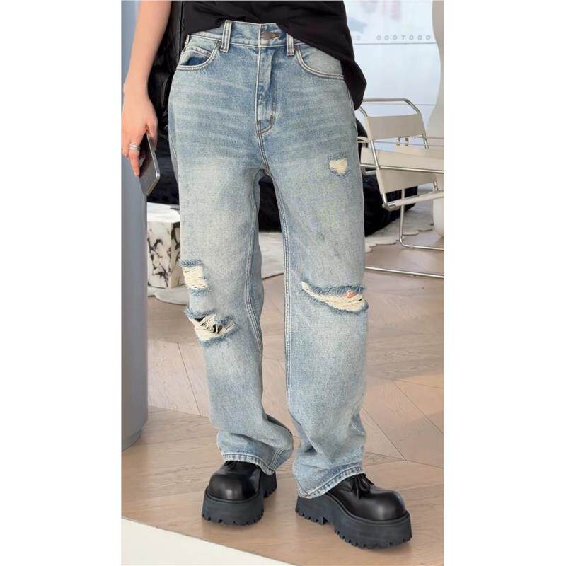 秒发M018诗歌兰2025春款潮流街头个性洋气直筒裤显瘦破洞牛仔裤女