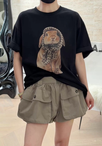 诗歌兰女装26秋款 2280可爱潮流简约兔子圆领短袖卡通休闲T恤女
