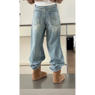 女2025冬季 加绒牛仔裤 街头慵懒显瘦直筒靴裤 秒发诗歌兰18063美式