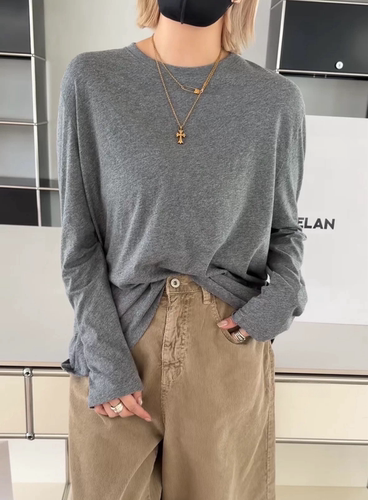 诗歌兰女装26秋款 58802简约慵懒温柔风不规则圆领长袖面膜衣T恤