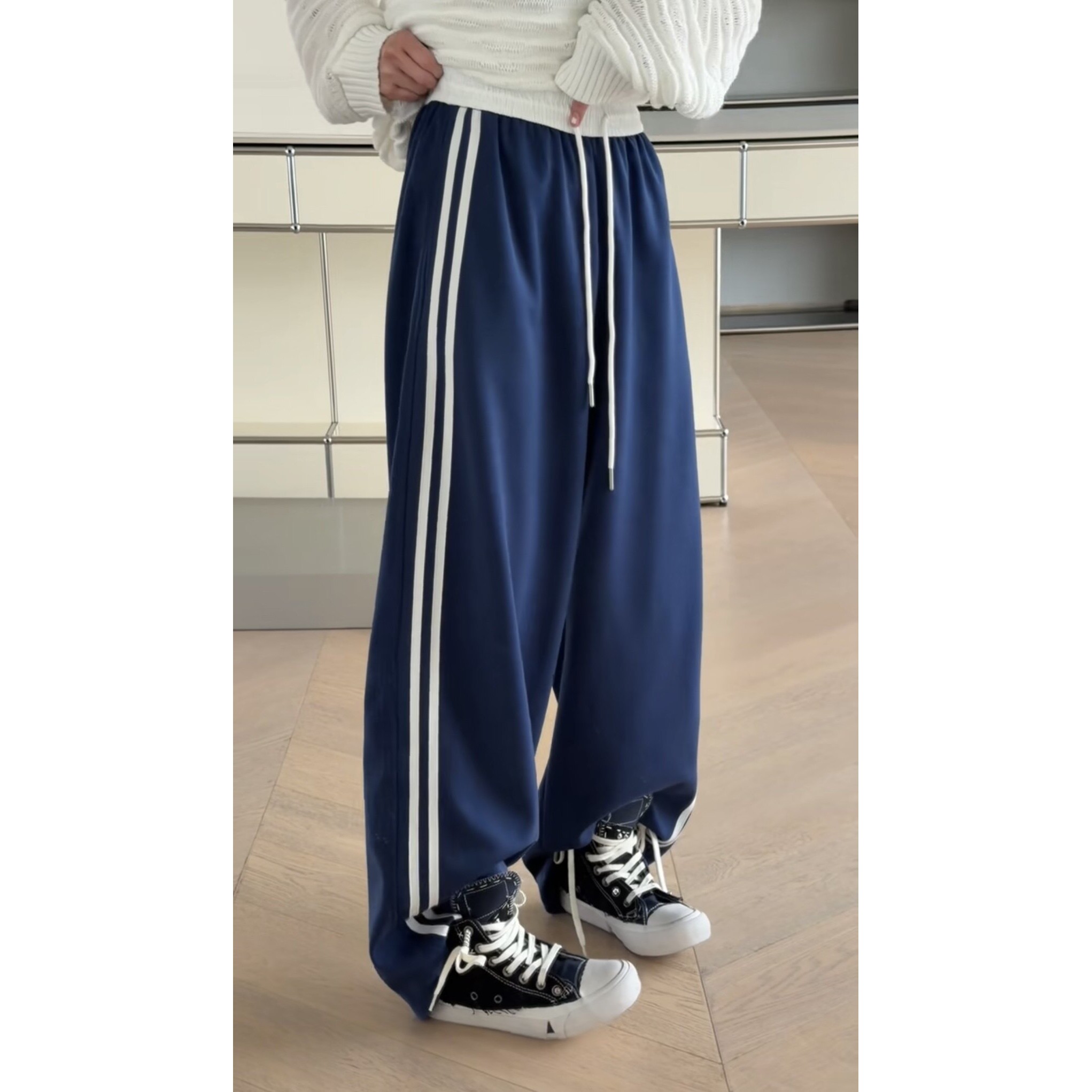 现诗歌兰女装2026春款26-103双杠卫裤拼色松紧腰休闲裤宽松直筒裤