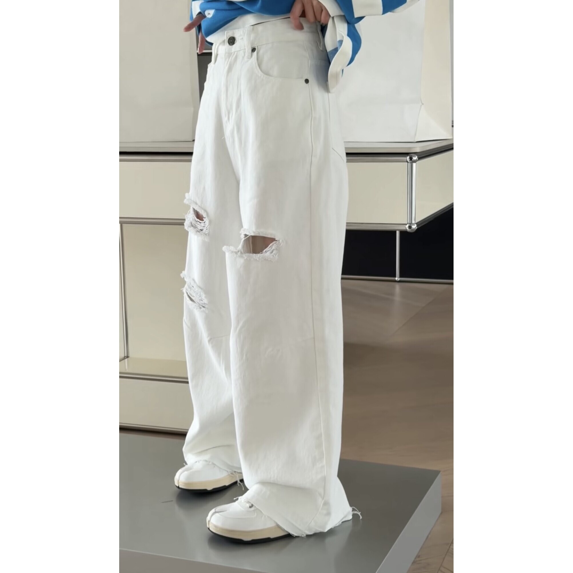 现3659破洞裤诗歌兰正品女装2026春款洋气百搭破洞毛边白色牛仔裤