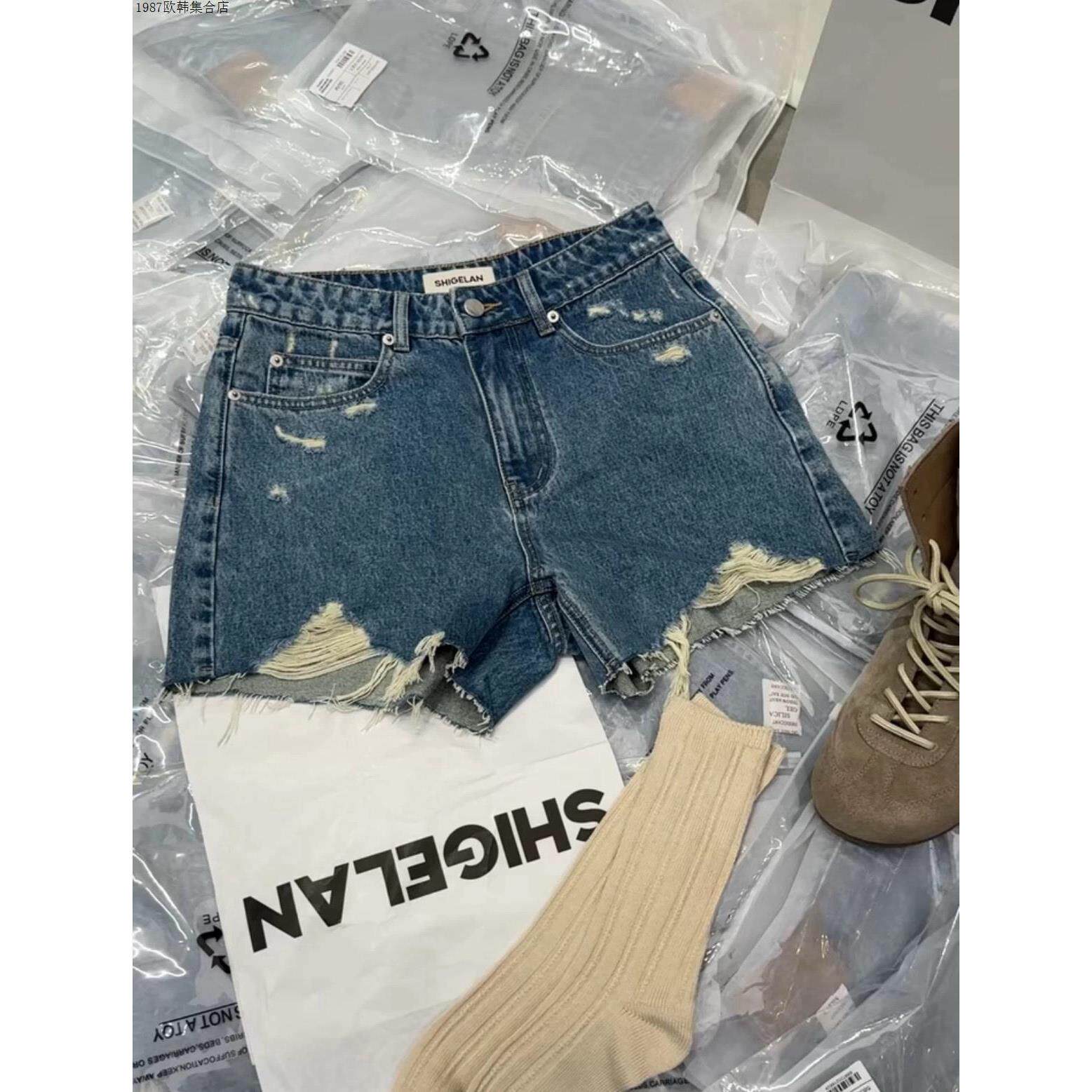 诗歌兰女装2025秋新款 58330-2美式复古街头直筒破洞裤牛仔短裤女