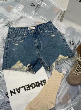 诗歌兰女装2025秋新款 58330-2美式复古街头直筒破洞裤牛仔短裤女