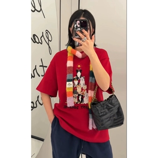 简约搭配条纹围巾小狗短袖 Z642潮流个性 T恤 2026早春款 诗歌兰女装