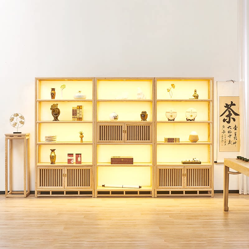 新中式简约实木茶叶展示架货架博茶具展示柜书架普洱茶饼柜置物柜