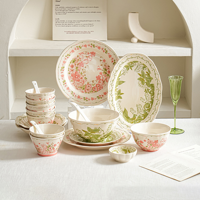 釉下彩陶瓷餐具套装碗盘家用饭碗新款2025盘子碗组合清新碗碟套装