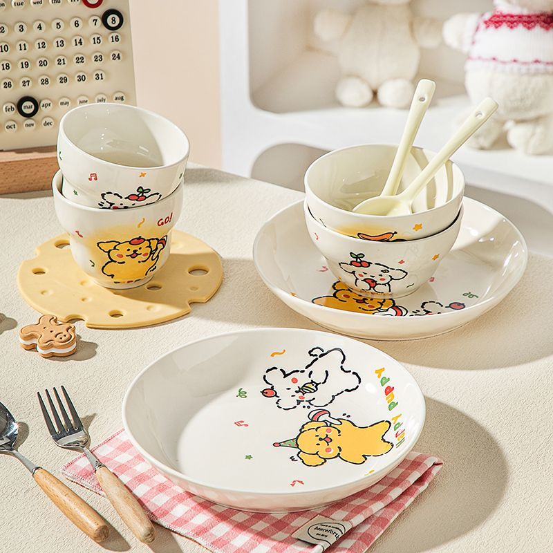 爆款线条小狗陶瓷餐具套装ins风可爱碗盘子高颜值校园送礼套装
