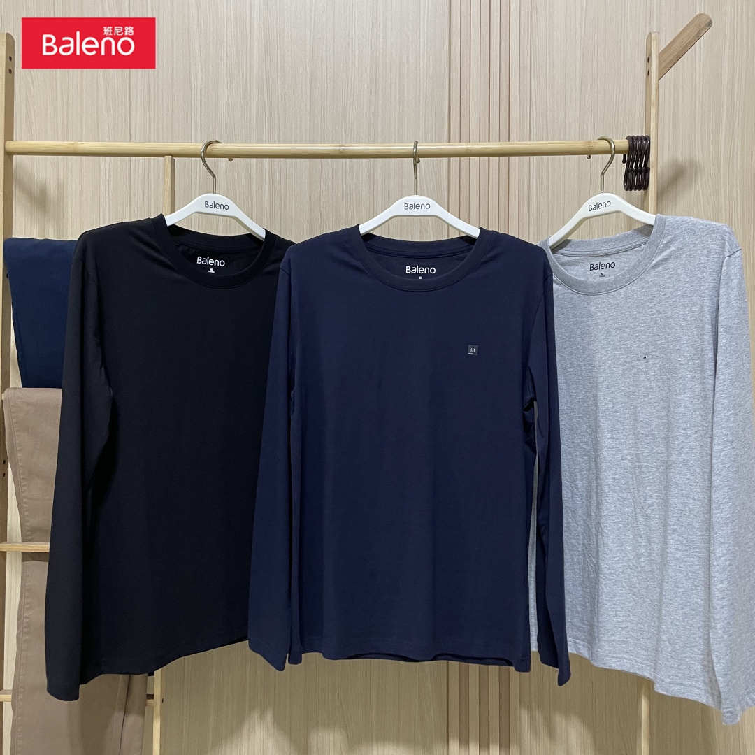 班尼路男装秋季圆领纯色长袖t恤纯棉舒适打底轻薄内外穿百搭体恤
