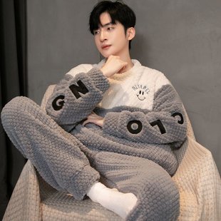 法兰绒卡通家居服套装 加绒加厚青少年冬天款 秋冬季 珊瑚绒睡衣男士