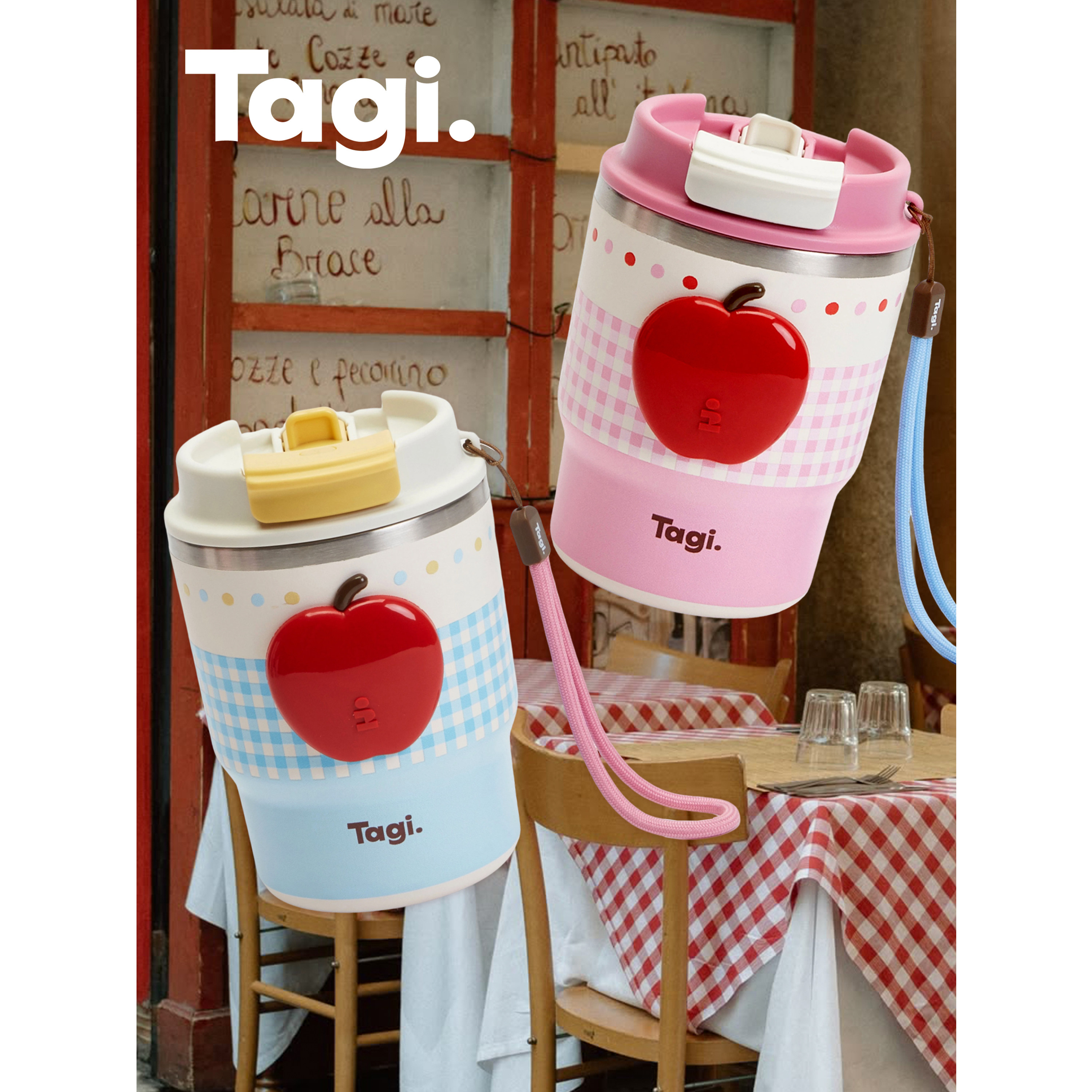 Tagi.想象苹果双饮吸管杯咖啡便携手拎不锈钢随行水杯保温杯