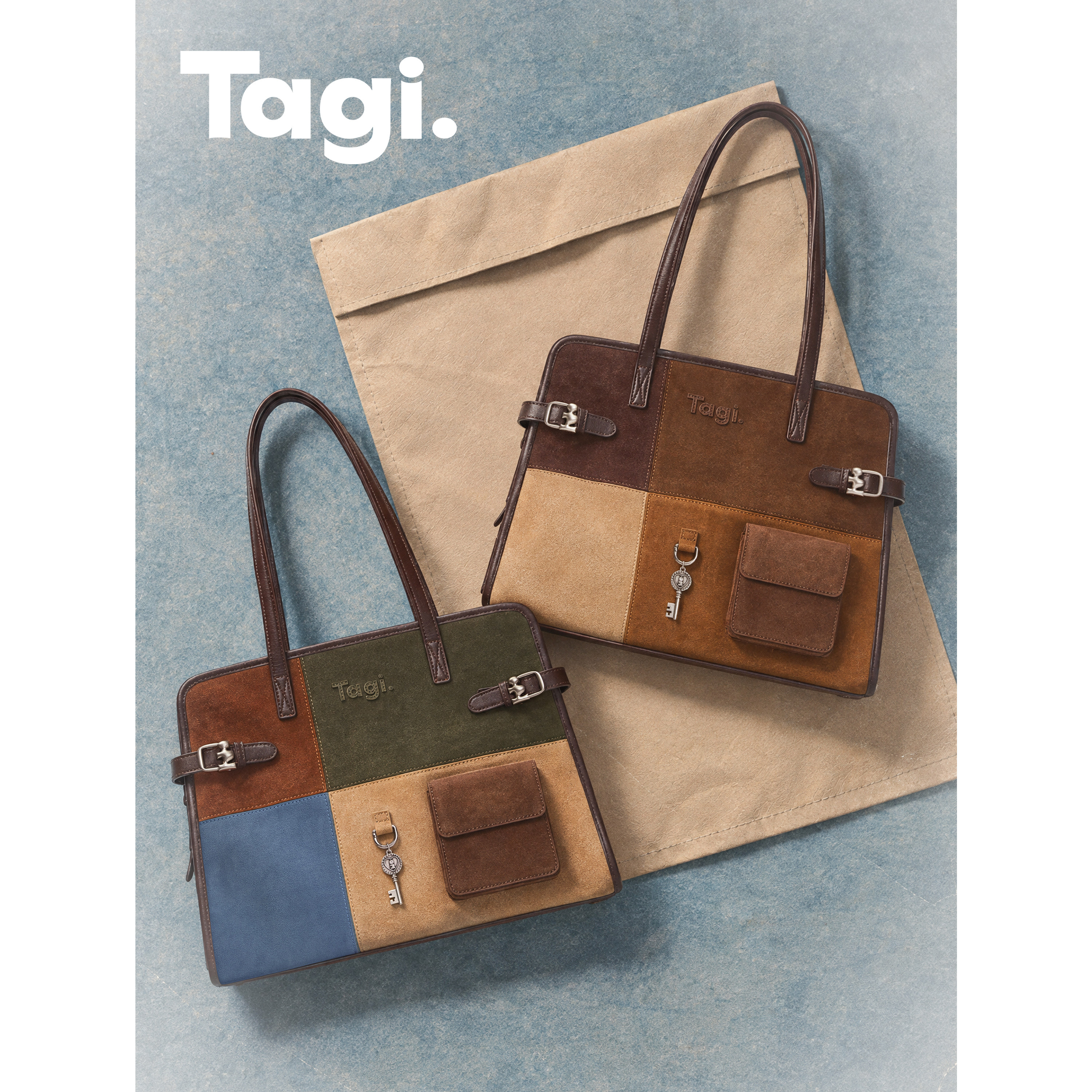Tagi.想象拼接彩色方块女包拼色手提包复古大容量撞色单肩包百搭