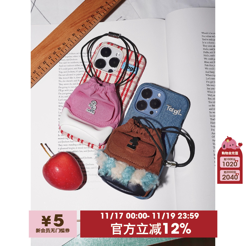 Tagi. 画家背包羊羔毛钻石束口抽绳小包适用苹果iPhone15/14/13/Pro/Pro Max全包手机壳