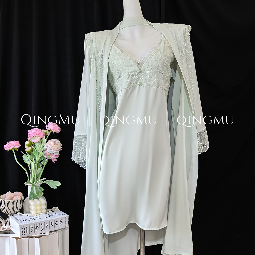 醋酸吊带睡裙睡袍两件套带胸垫高级感女士家居服丝滑亲肤睡衣