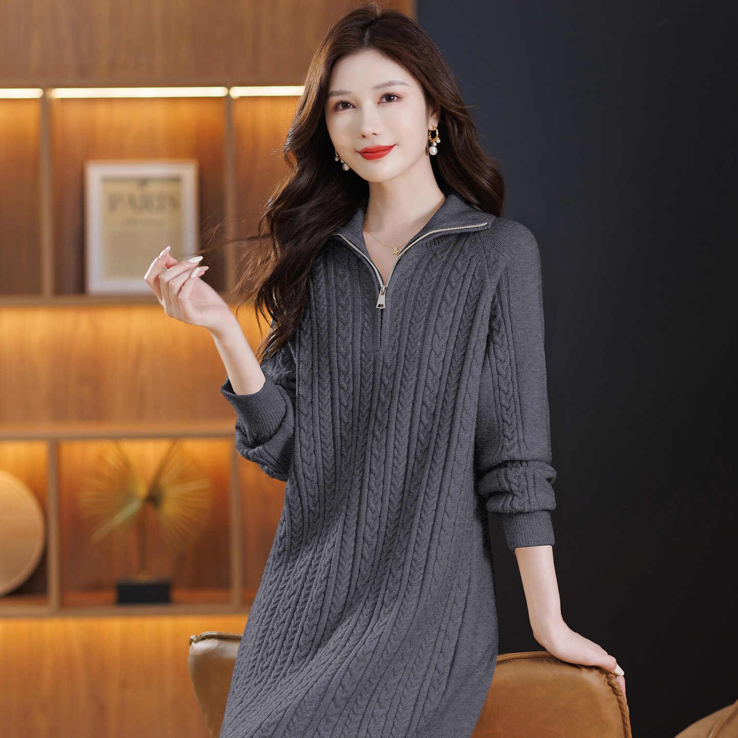 麻花中长款毛衣慵懒高级感秋冬女羊毛针织连衣裙过膝打底衫裙子