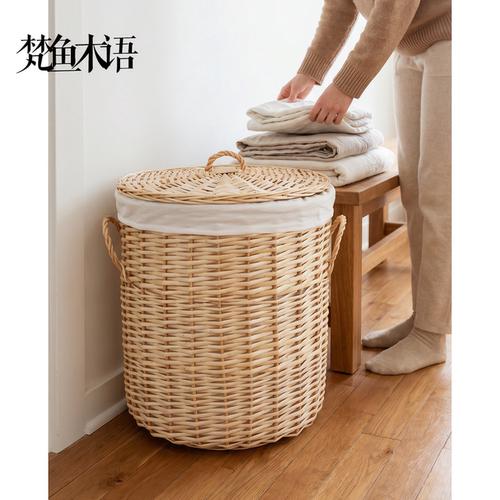 藤编脏衣服收纳筐编织篮子脏衣篮脏衣篓家用带盖ins风轻奢洗衣篮 - 封面