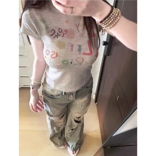 显瘦别致上衣 彩绘字母正肩短袖 t恤女夏季 2025新款 设计感小众修身