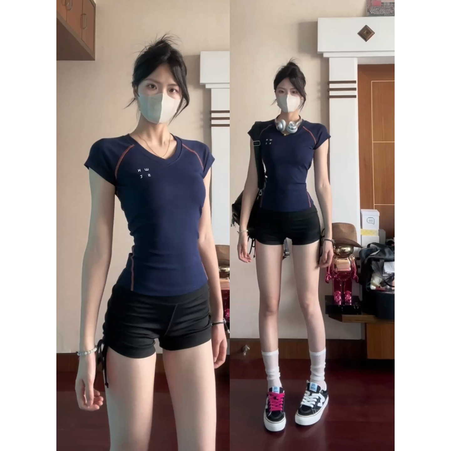 2025年夏季美式复古v领正肩T恤女