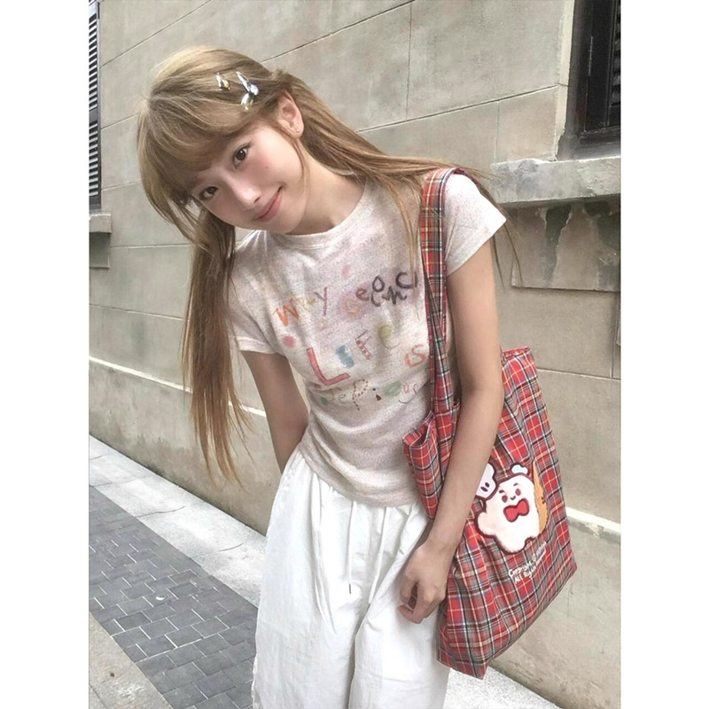夏日多巴胺辣妹彩纱涂鸦印花正肩短袖t恤女设计感修身显瘦小上衣