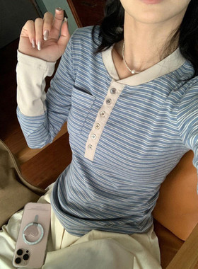 复古蓝色条纹半开领正肩长袖T恤女春秋甜辣妹修身显瘦打底衫上衣