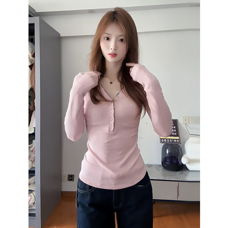 纯欲甜辣v领纽扣修身长袖t恤女