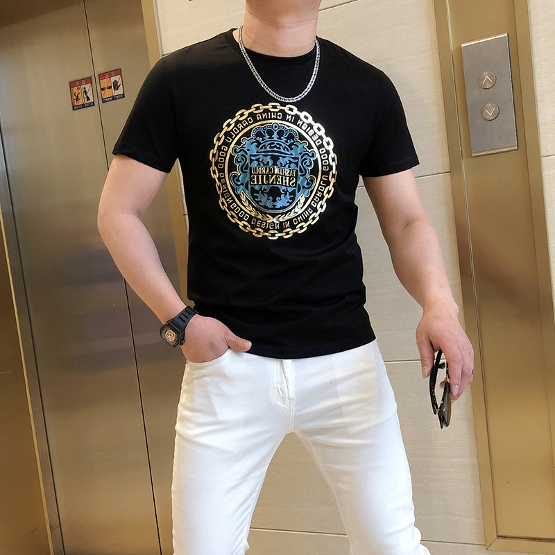 欧洲站2022夏新款男士短袖t恤烫金印花时尚潮流纯棉圆领修身体恤