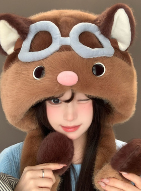 可爱猫耳飞行员毛绒帽子女冬季