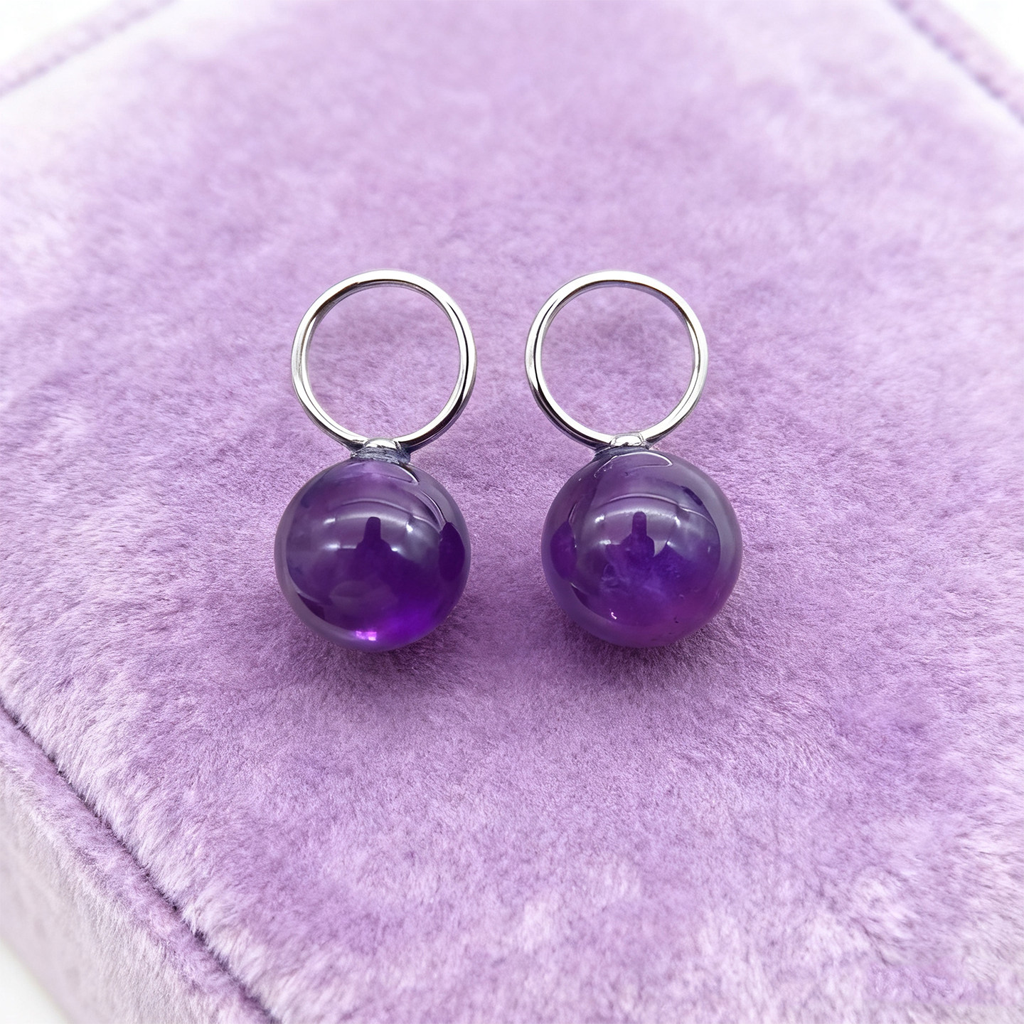 纯银天然紫水晶圆球耳钉百搭