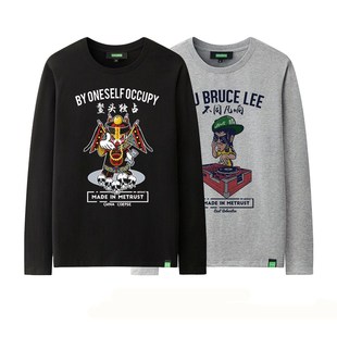 潮牌嘻哈男长袖T恤李小龙 国潮僵尸印花秋春打底衫时尚百搭潮男