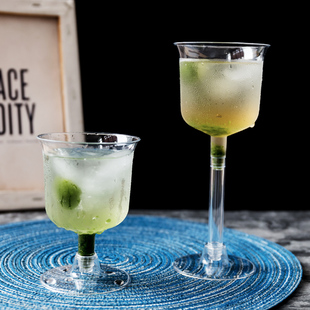 高脚红酒香槟杯一次性PS航空杯硬塑料杯子加厚透明创意带盖饮料杯