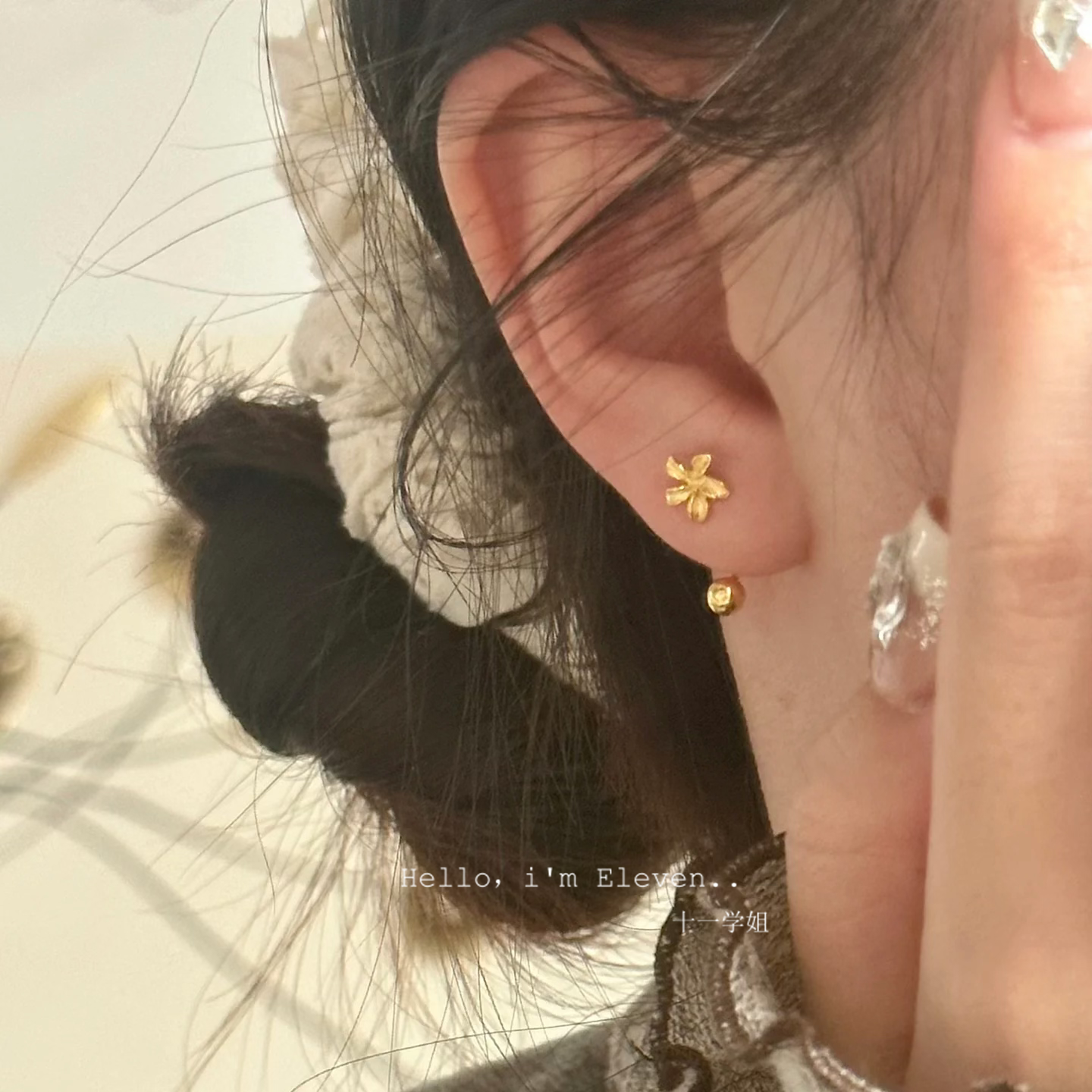 S925纯银u型双耳洞耳钉上下一体式耳骨钉女新中式螺丝拧扣金耳饰