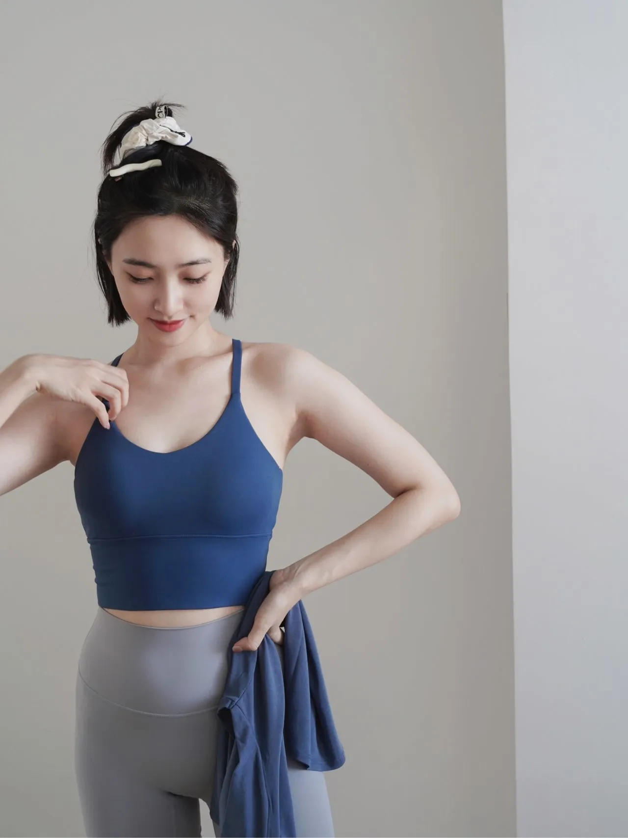 藏蓝色瑜伽服套装女普拉提训练运动健身房跑步长袖宽松速干衣夏季