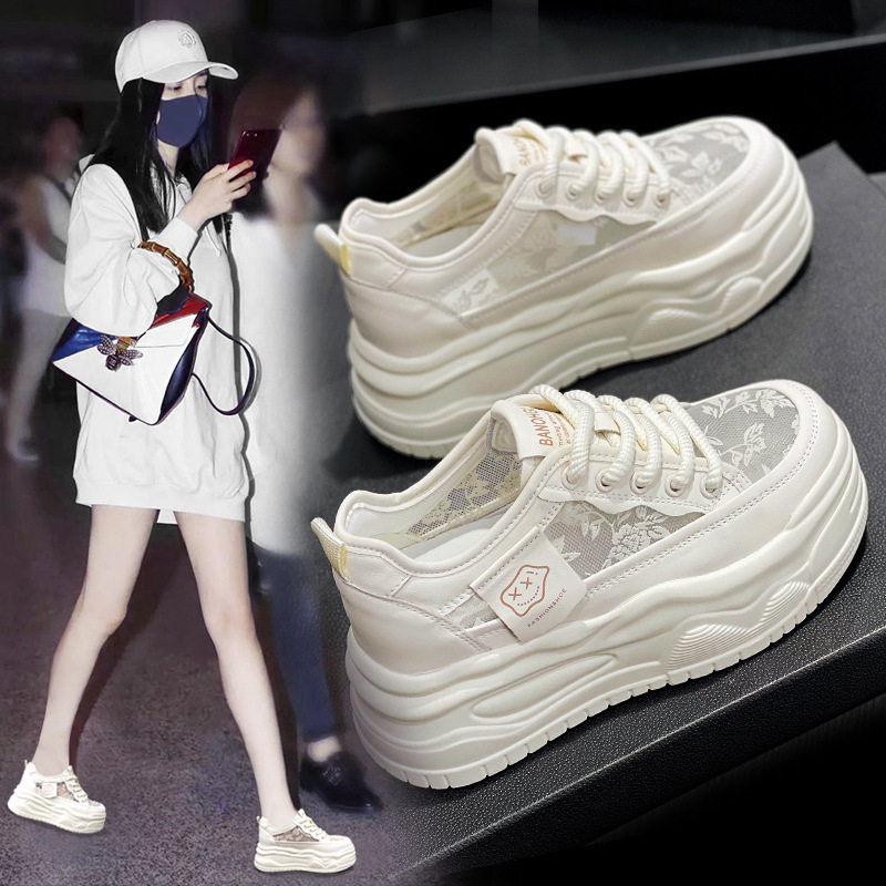 奥伦夏款内增高小白鞋新款小个子厚底松糕鞋夏季蕾丝网面透气女鞋