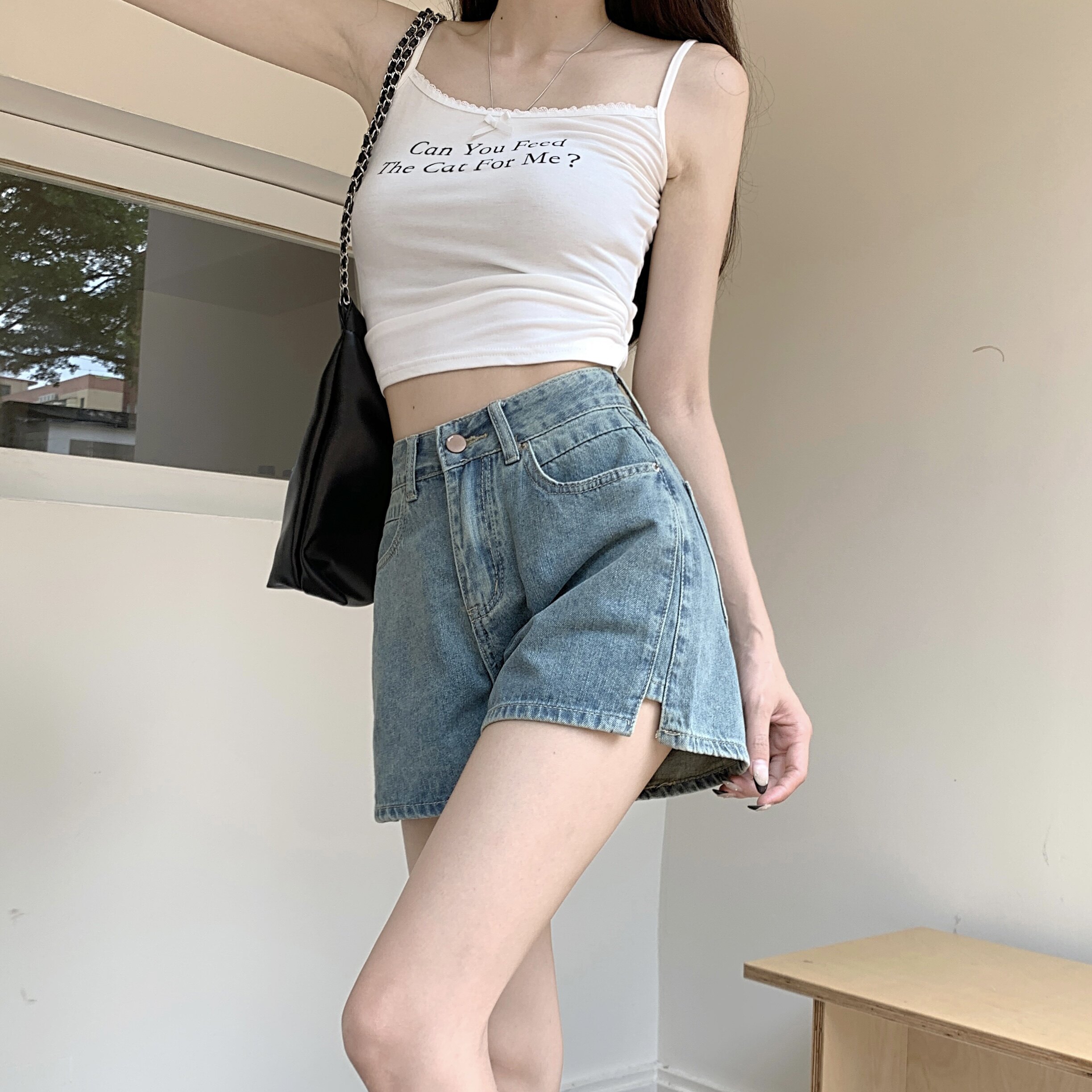 高腰开叉牛仔短裤女夏季大码胖MM小个子宽松显瘦阔腿裤A字短热裤