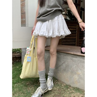 甜美白色蕾丝花边A字蛋糕短裙女高腰大码 胖MM显瘦小个子a字半身裙