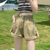 胖MM宽松显瘦A字卷边阔腿热裤 卡其色高腰牛仔短裤 大码 新款 女夏季