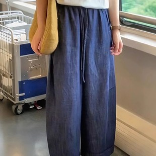 新款 大碼 胖mm復古深藍色牛仔褲 女夏季 寬松高腰顯瘦直筒闊腿九分褲