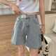 女夏季 毛边阔腿短裤 薄款 胖mm不规则中裤 子 高腰大码 五分破洞牛仔裤