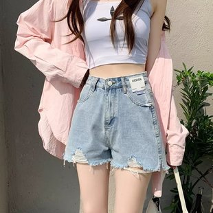 高腰显瘦毛边a字阔腿热裤 大码 新款 胖mm浅色破洞牛仔短裤 子 女夏季