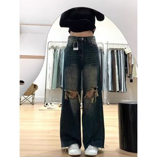 胖mm高腰宽松显瘦阔腿拖地裤 美式 大码 复古破洞直筒牛仔裤 女春新款