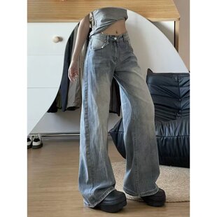 胖MM梨形身材宽松显瘦拖地长裤 美式 高腰大码 女春季 弯刀阔腿牛仔裤