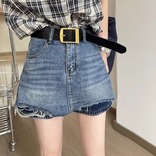大码 胖mm复古破洞毛边高腰牛仔短裤 裙女夏季 宽松显瘦休闲阔腿热裤